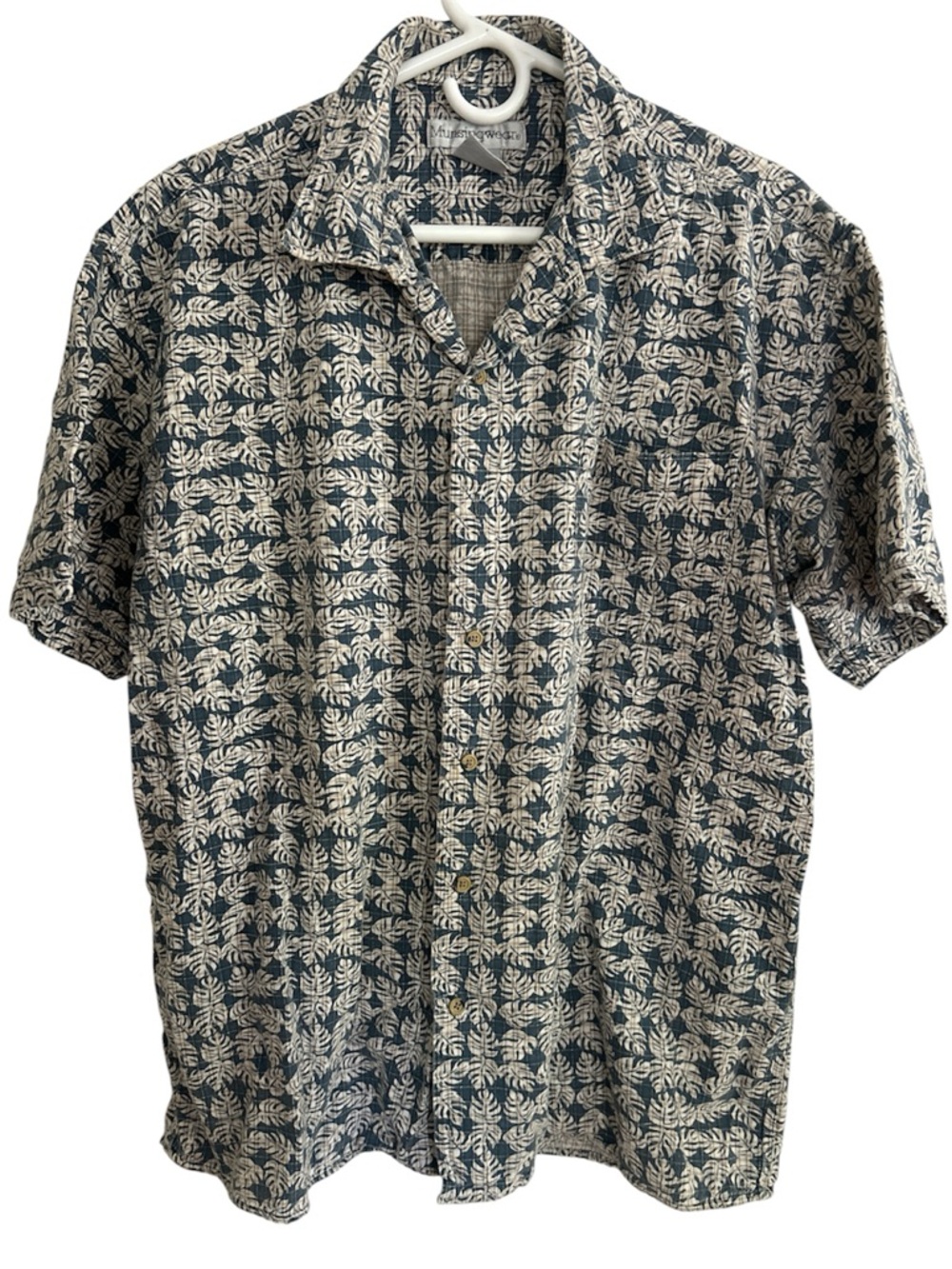 Vintage Men's Mungsingwear Navy Leaf-Print Short-Sleeve Button-Down Shirt Size L